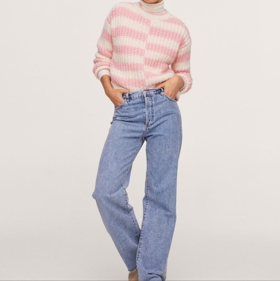 Mango Sweater Pink/white stripes Chunky Cable Size Large Soft Warm Women - Picture 7 of 10